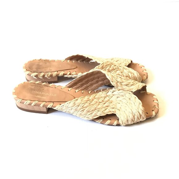 Paloma Barcelo Raffia Sandals Slide Womens 39 9 Natural Open Toe Slip On Leather - Picture 4 of 10